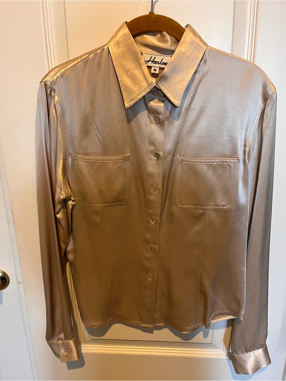 Harlow Satin Button-Down Shirt in Champagne Gold